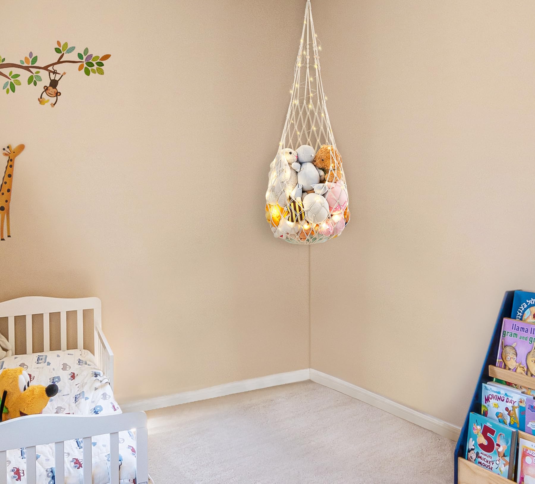 Mkono Stuffed Animal Net or Hammock One-Hook Hanging Toy Organizer Macrame Plush Net Wall and Ceiling Hanging Stuffed Animals Storage Display for Nursery Kid Room Playroom