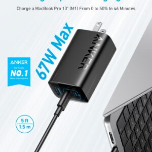 Anker 67W USB C Charger, 3 Port PIQ 3.0 Compact and Foldable Fast Charger for MacBook Pro, iPad, Galaxy, Pixel, iPhone and More (5ft USB C to USB C Cable Included)