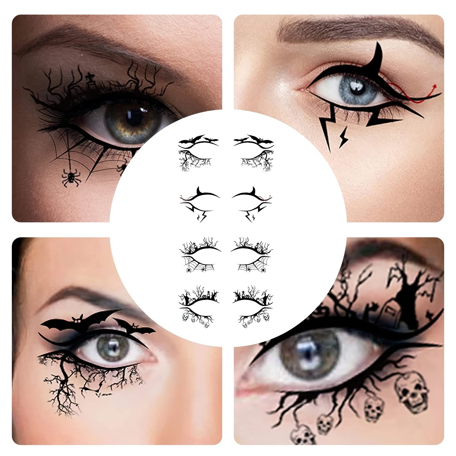 AUOCATTAIL 4 Pcs Halloween Face Tattoo Stickers Scary Spider, Skull & Bat Designs for Women, Girls, and Masquerade Parties Temporary Tattoo Stickers for Face and Body Halloween Makeup Essential