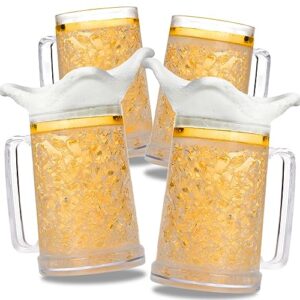 fasmov freezer beer mugs, 4 pack clear double wall gel frosty freezer ice mugs, freezer mugs with gel beer mugs for freezer, plastic beer mugs with handles for parties and gifts, 16oz