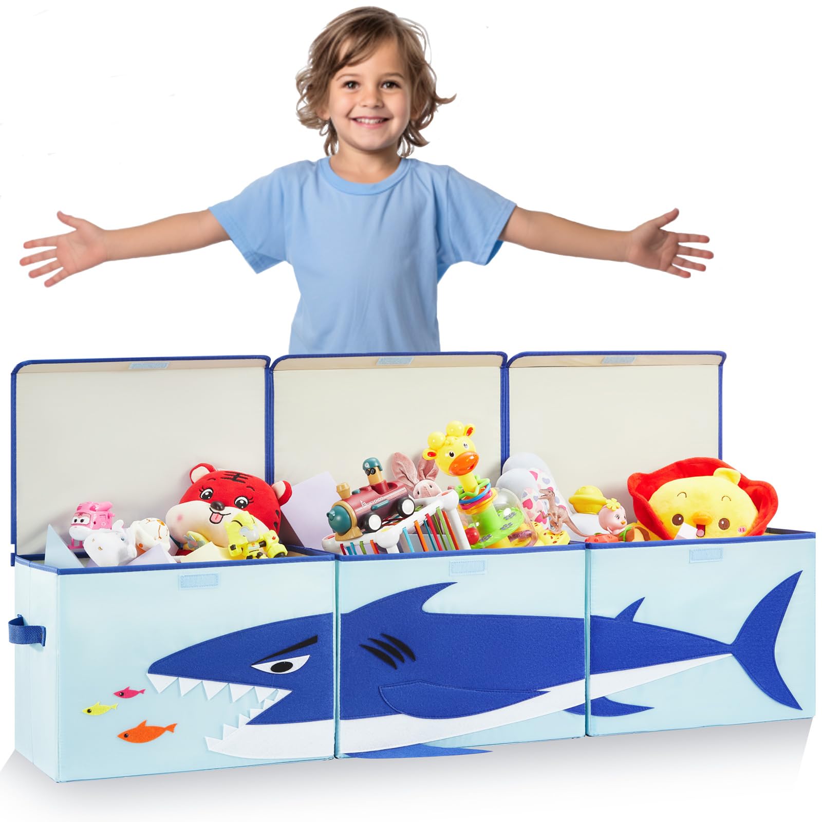 NIETEIN Extra Large Toy Box Chest for Boys Girls, Toy Storage Bins with Lids, Toy Chests Organizers, Kids Toy Box Storage(Navy Blue Shark 3 Pack)