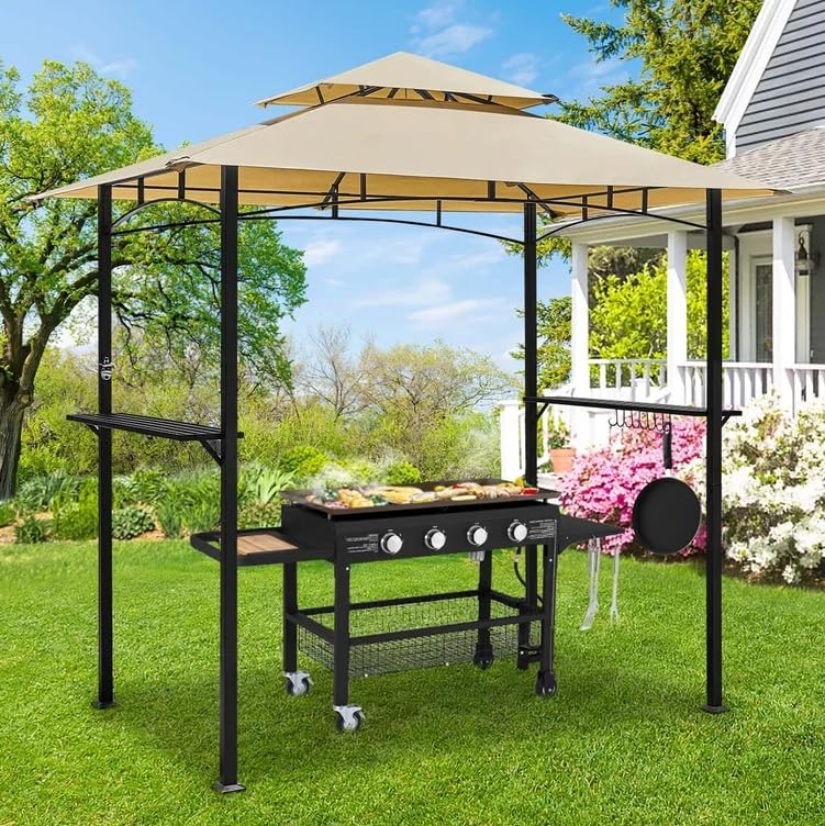 8' x 5' Grill Gazebo Replacement Canopy, Replacement Canopy Top Cover, Double Tiered Replacement Canopy, BBQ Gazebo Roof Top, Beige