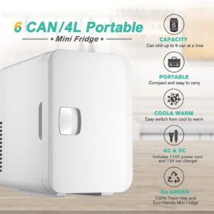 Mini Fridge,small refrigerator,4 Liter/6 Can AC/DC Portable Thermoelectric Cooler Refrigerators for Skincare, Beverage, Home, Office and Car (White)