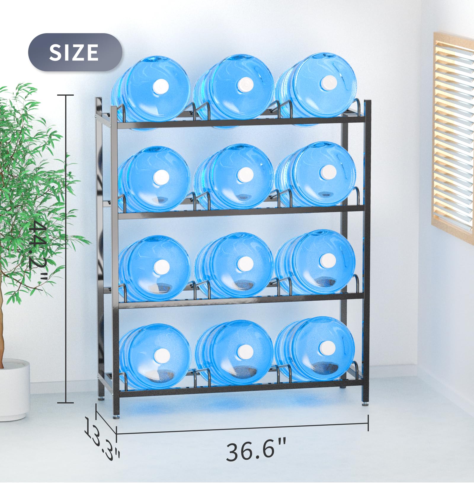 12-Tray Water Jug Rack, Storage 5 Gallon Water Cooler Bottle Holder Stand, 4-Tier Heavy Duty Carbon Steel 5 Gal Water Bottle Organizer for Home, Office, Kitchen, Warehouse, Black