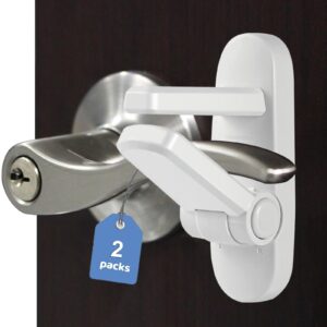 childproof door lever lock baby safety locks for doors (2 pack) improved door safety for kids, 3m adhesive no drilling child safety door handle lock. simple install, no tools needed (white, 2)