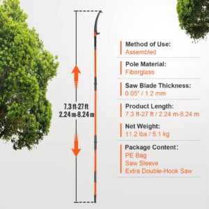 VEVOR Manual Pole Saw, 7.3-27 ft Extendable Tree Pruner, Sharp Steel Blade High Branches Trimming, Manual Branch Trimmer with Lightweight 8 Fiberglass Handles, for Pruning Palms and Shrubs