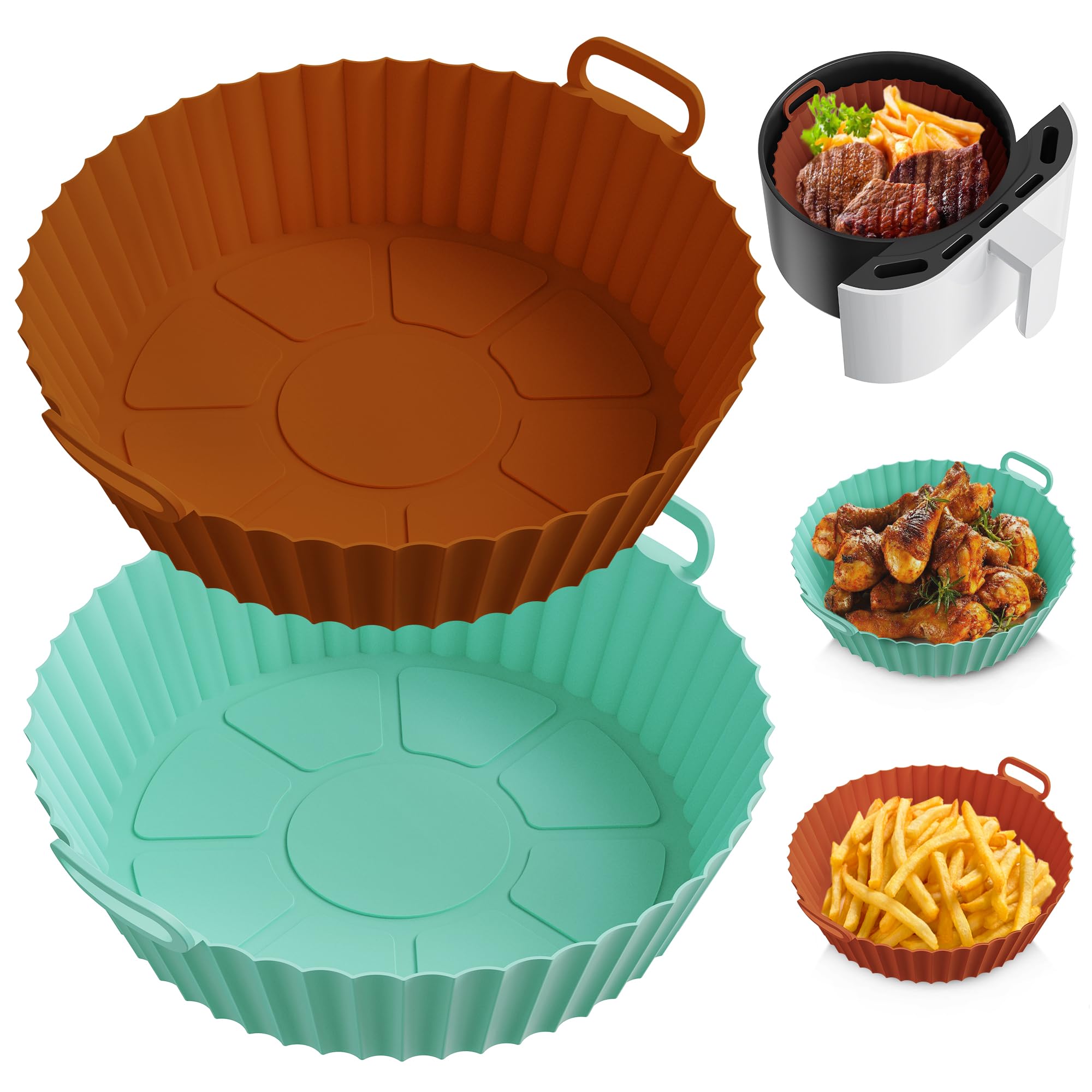 ME.FAN Air Fryer Silicone Liners for 4 to 7 QT [2 Pack] Air Fryer Silicone Liners Pot - Reusable Air Fryer Basket with Handles & Holes - Air Fryer Oven Accessoriess - Dark Orange+Mint Green