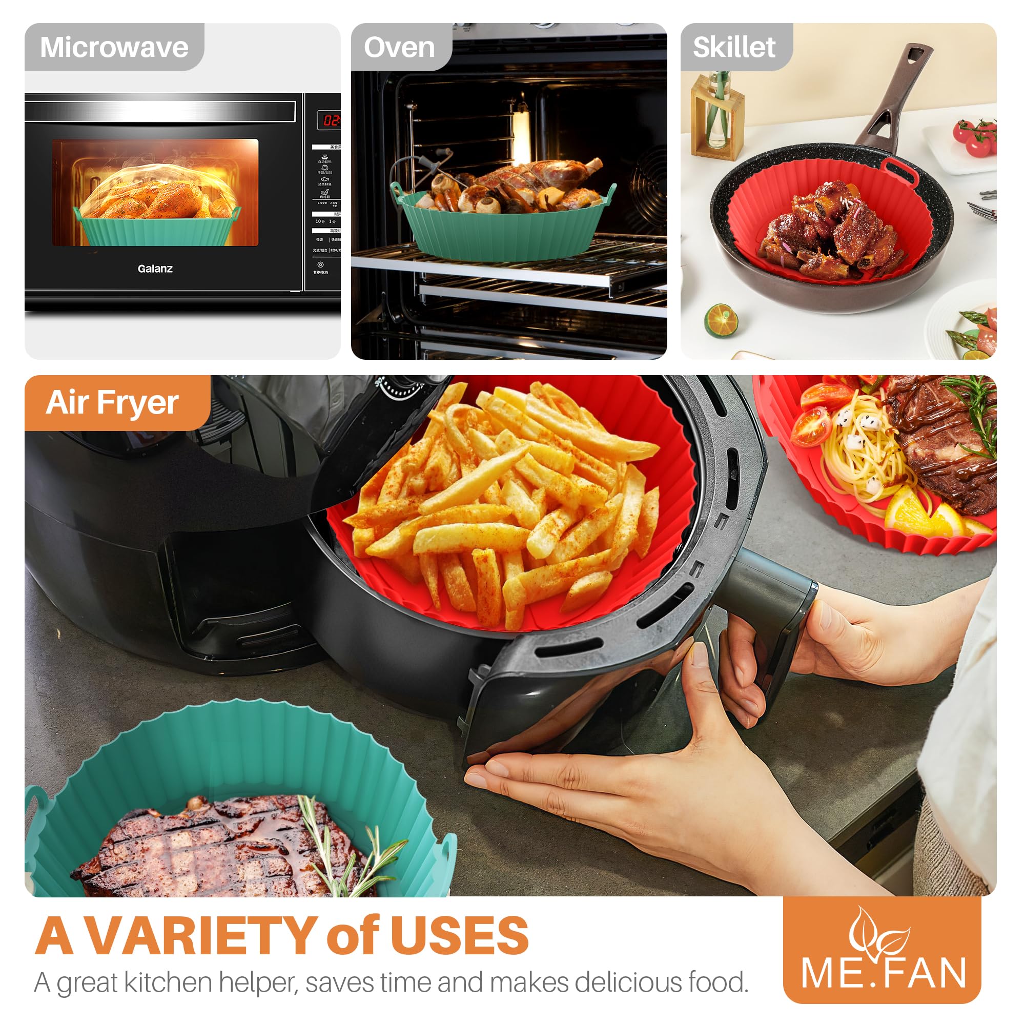 ME.FAN Air Fryer Silicone Liners for 4 to 7 QT [2 Pack] Air Fryer Silicone Liners Pot - Reusable Air Fryer Basket with Handles & Holes - Air Fryer Oven Accessoriess - Dark Orange+Mint Green