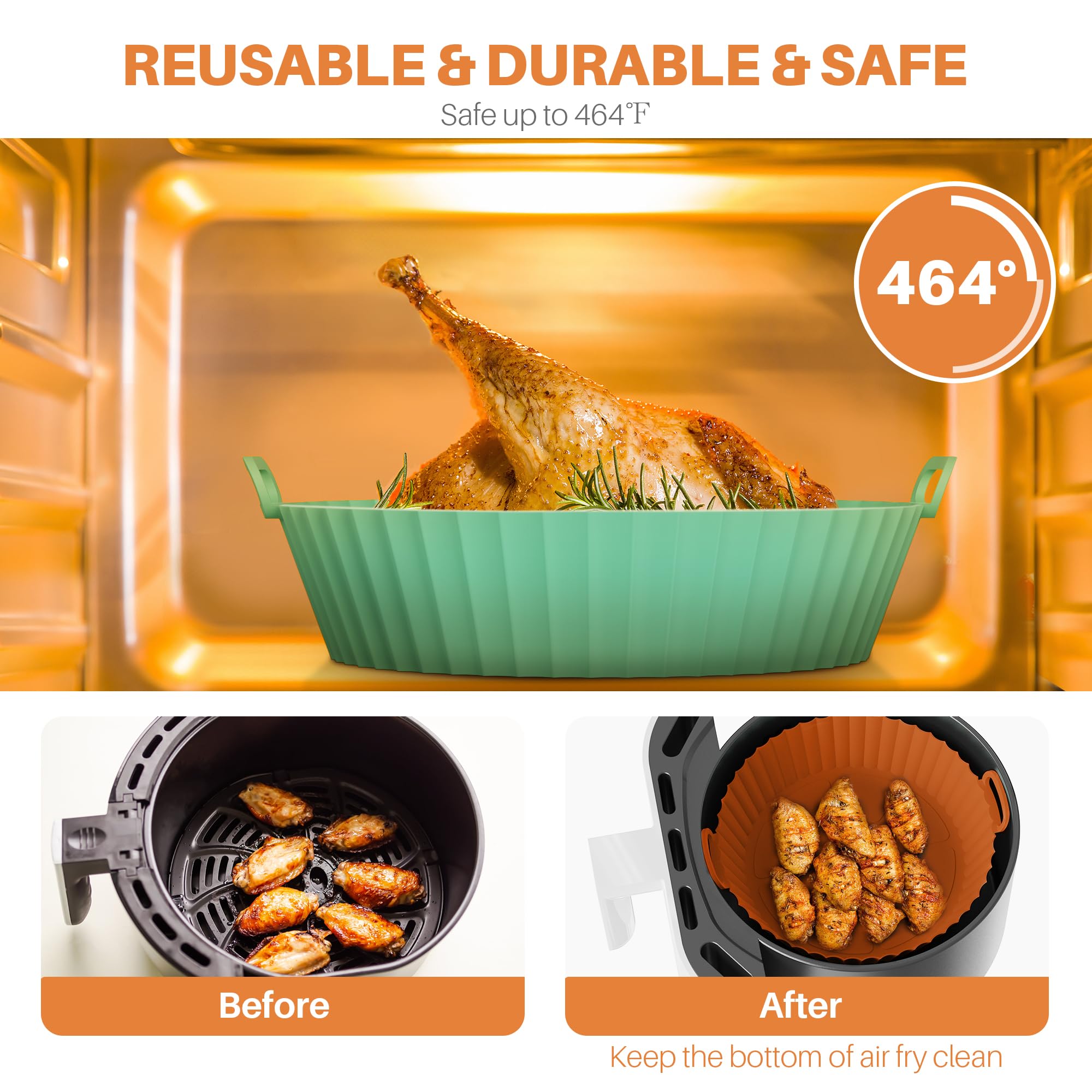 ME.FAN Air Fryer Silicone Liners for 4 to 7 QT [2 Pack] Air Fryer Silicone Liners Pot - Reusable Air Fryer Basket with Handles & Holes - Air Fryer Oven Accessoriess - Dark Orange+Mint Green