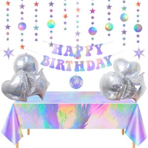 unicorn element iridescent birthday decorations with happy birthday banners, iridescent aluminum foil balloons, hexagonal star round ornaments, sparkly circle garlands hanging and party tablecloth for birthday party supplies