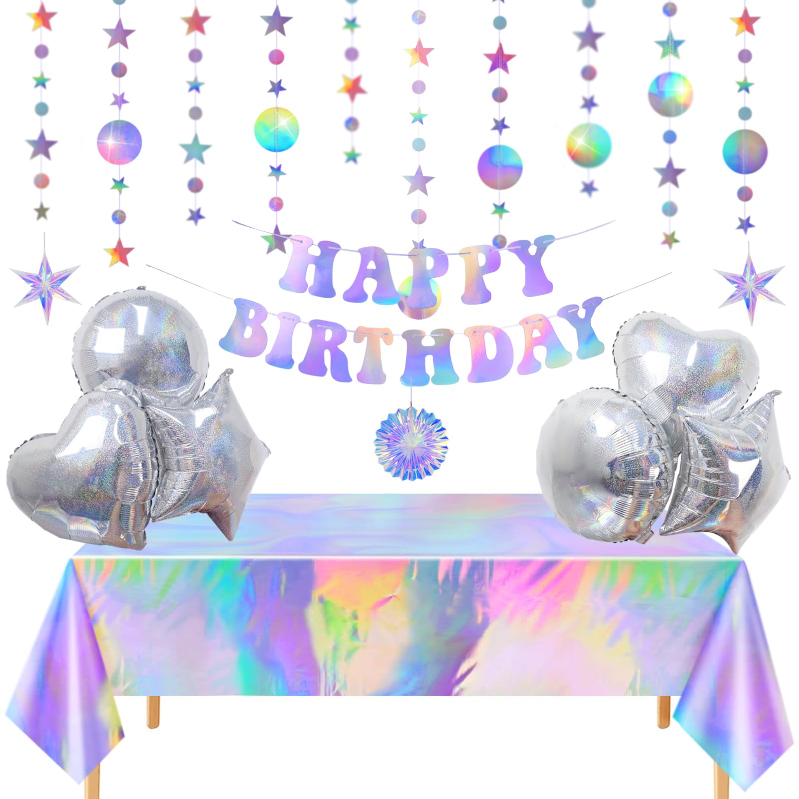 UNICORN ELEMENT Iridescent Birthday Decorations with Happy Birthday Banners, Iridescent Aluminum Foil Balloons, Hexagonal Star Round Ornaments, Sparkly Circle Garlands Hanging and Party Tablecloth for Birthday Party Supplies