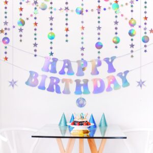 UNICORN ELEMENT Iridescent Birthday Decorations with Happy Birthday Banners, Iridescent Aluminum Foil Balloons, Hexagonal Star Round Ornaments, Sparkly Circle Garlands Hanging and Party Tablecloth for Birthday Party Supplies