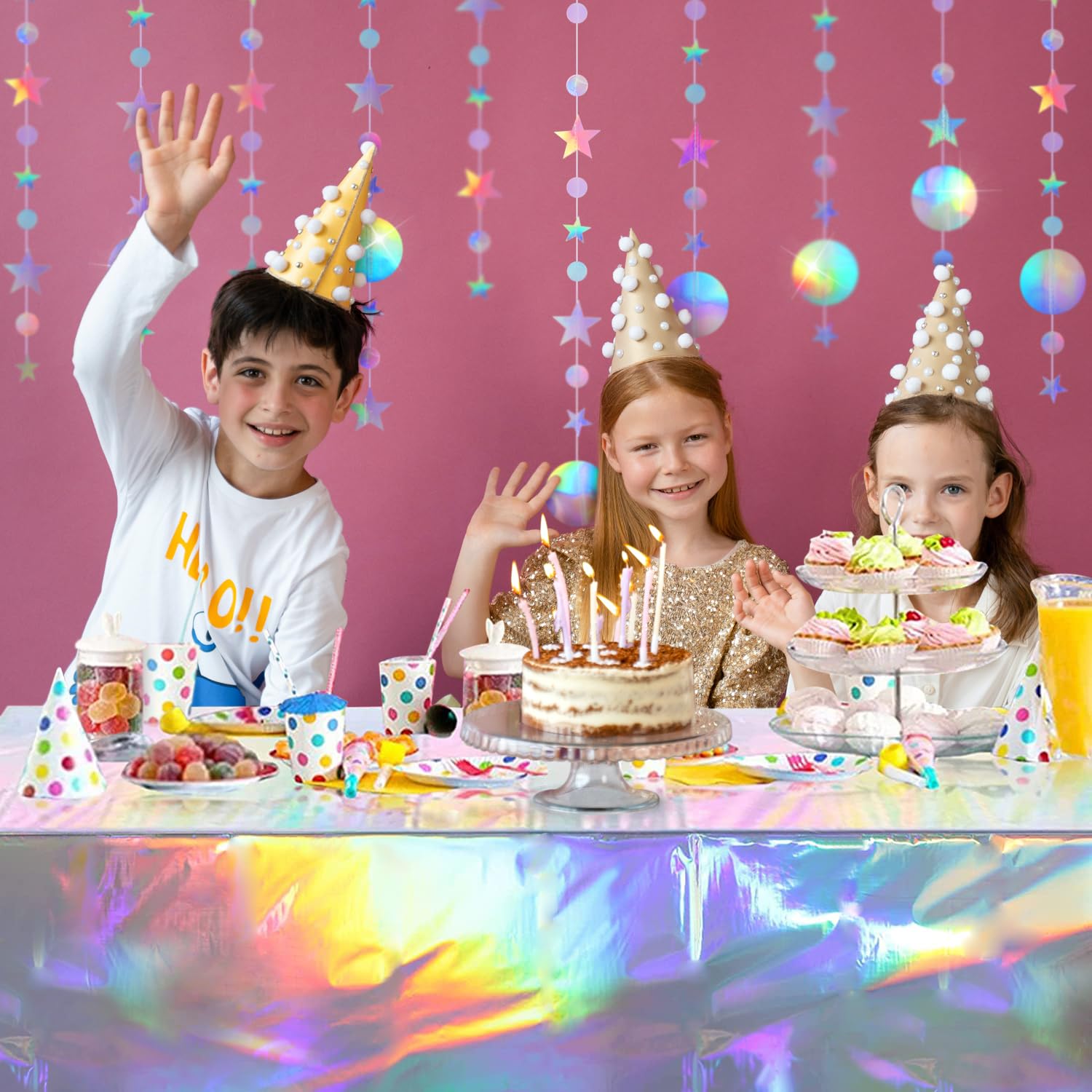 UNICORN ELEMENT Iridescent Birthday Decorations with Happy Birthday Banners, Iridescent Aluminum Foil Balloons, Hexagonal Star Round Ornaments, Sparkly Circle Garlands Hanging and Party Tablecloth for Birthday Party Supplies