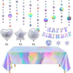 UNICORN ELEMENT Iridescent Birthday Decorations with Happy Birthday Banners, Iridescent Aluminum Foil Balloons, Hexagonal Star Round Ornaments, Sparkly Circle Garlands Hanging and Party Tablecloth for Birthday Party Supplies