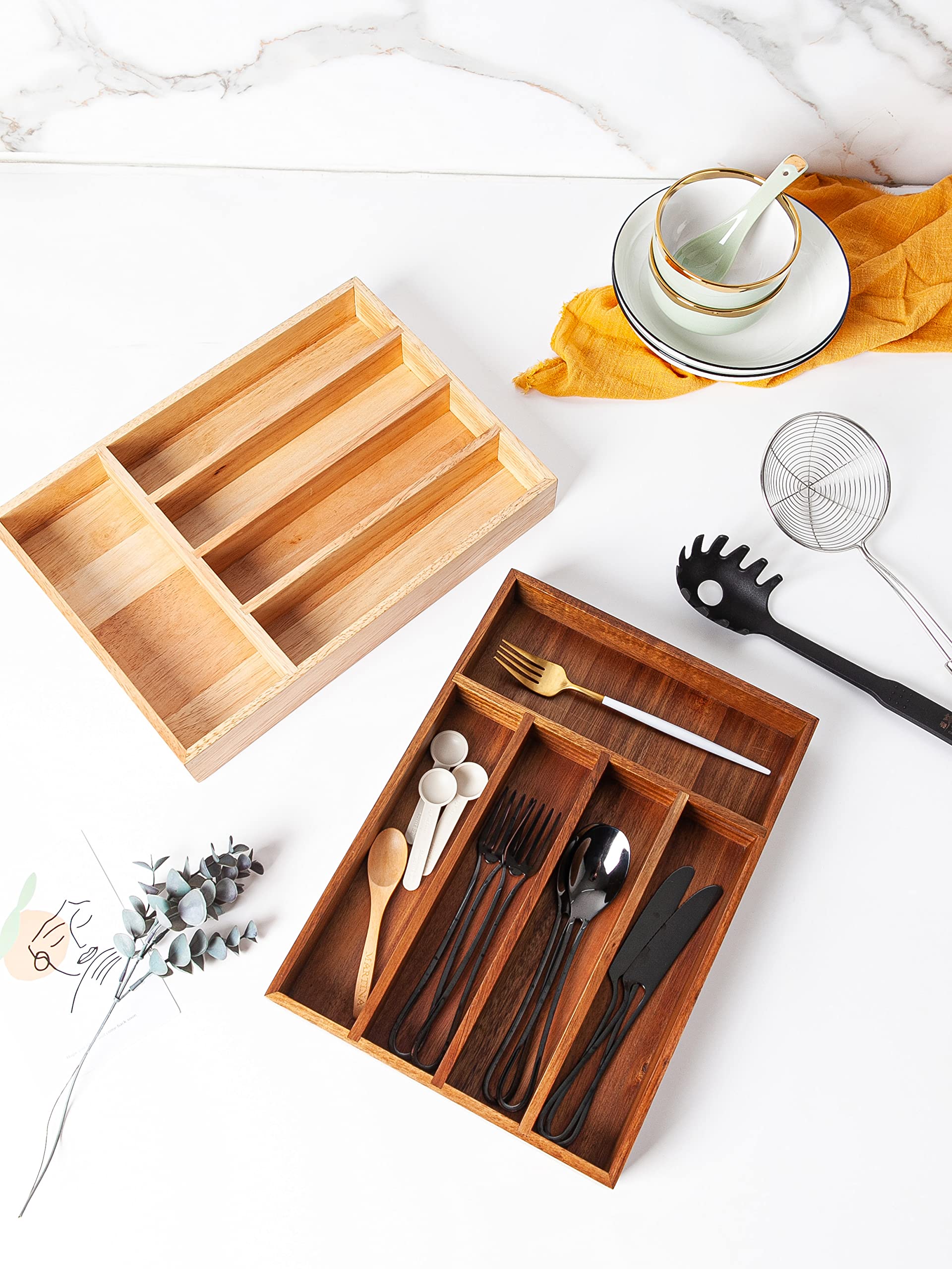 Kitchen Drawer Organizer Acacia Wood/Rubber Wood Flatware and Utensil Organizer Silverware Holder and Kitchen Storage Solution - Drawer Organizers for Kitchen (Acacia Wood, 14''x10'')