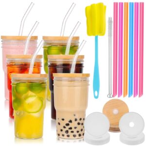 moretoes 6pcs 16oz glass cups with lids and straws, glass iced coffee cups cute travel tumbler cups, drinking jars set reusable boba bottle for jumbo smoothie, cold brew, soda, juice