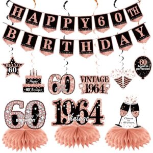rose gold 60th birthday banner decorations for women, 10pcs happy 60th birthday banner vintage 1964 honeycomb centerpieces swirls kit, sixty bday banner ceiling table topper party supplies