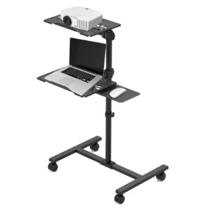 aldeepo swivel tilt laptop desk, height adjustable portable and rolling desk with both foot pads and wheels, mobile computer cart with mouse pad for home, office,workshops(double trays)