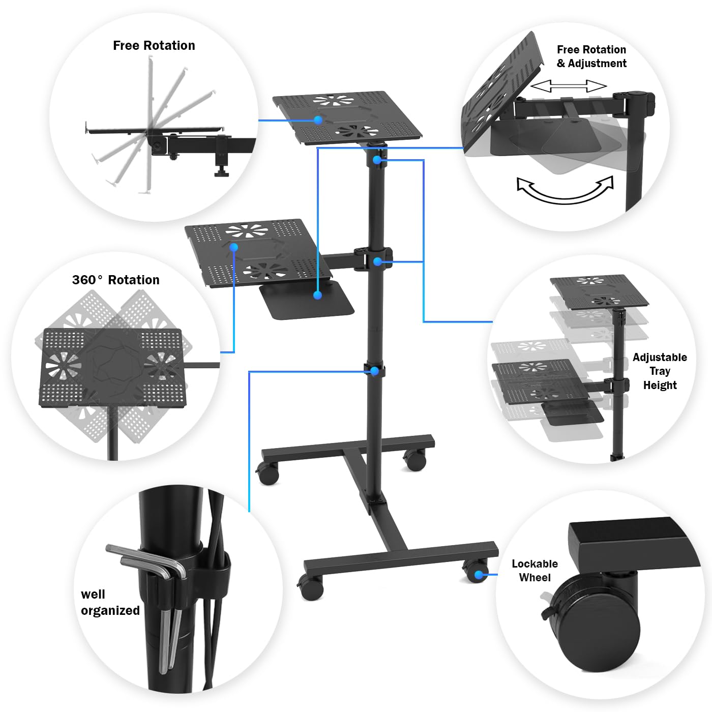 Aldeepo Swivel Tilt Laptop Desk, Height Adjustable Portable and Rolling Desk with Both Foot Pads and Wheels, Mobile Computer Cart with Mouse Pad for Home, Office,Workshops(Double Trays)