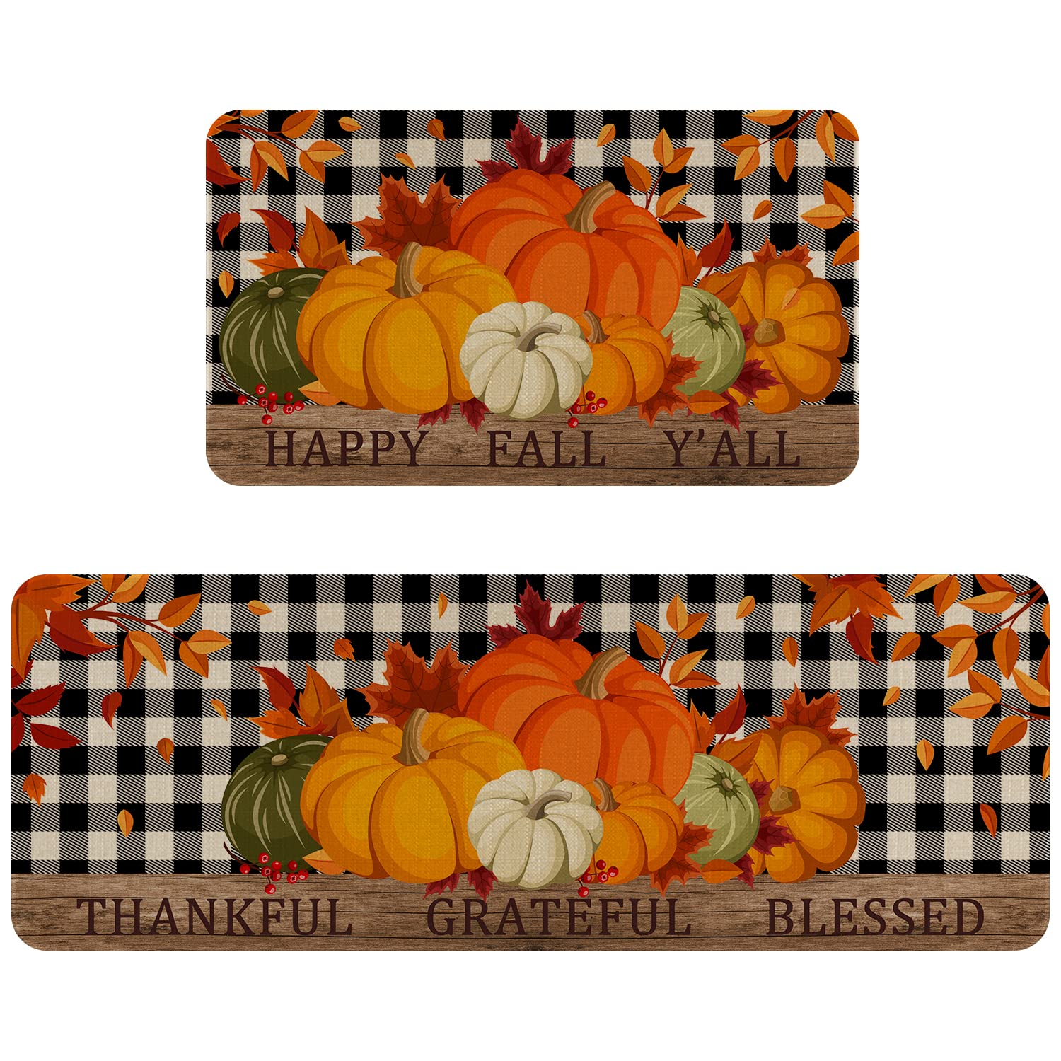 Eikunn Fall Kitchen Rugs and Mats Set of 2,Autumn Pumpkin Kitchen Mat for Floor, Buffalo Plaid Holiday Non-Slip Kitchen Sink Mats Home Decor Doormat+Runner Rug