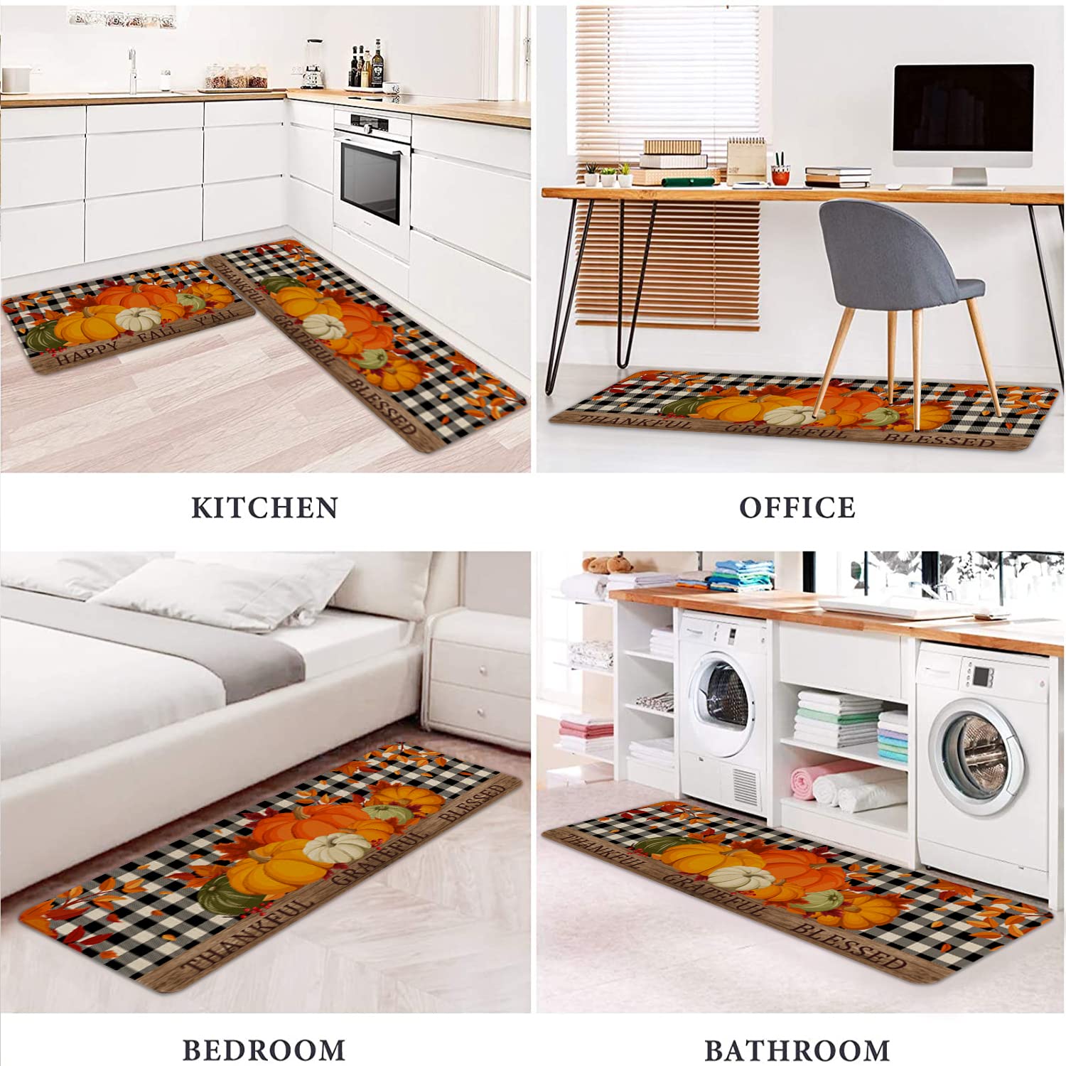 Eikunn Fall Kitchen Rugs and Mats Set of 2,Autumn Pumpkin Kitchen Mat for Floor, Buffalo Plaid Holiday Non-Slip Kitchen Sink Mats Home Decor Doormat+Runner Rug