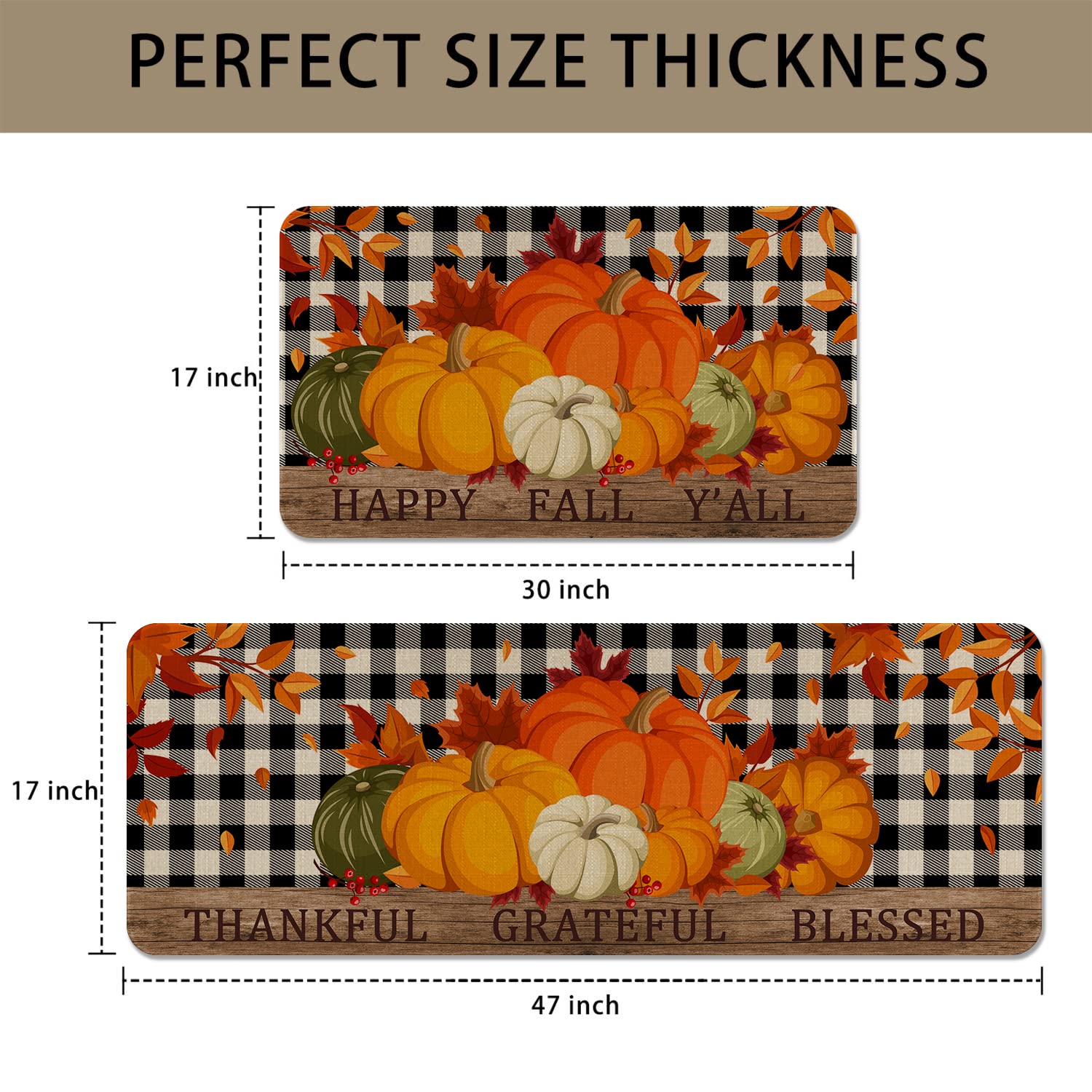 Eikunn Fall Kitchen Rugs and Mats Set of 2,Autumn Pumpkin Kitchen Mat for Floor, Buffalo Plaid Holiday Non-Slip Kitchen Sink Mats Home Decor Doormat+Runner Rug