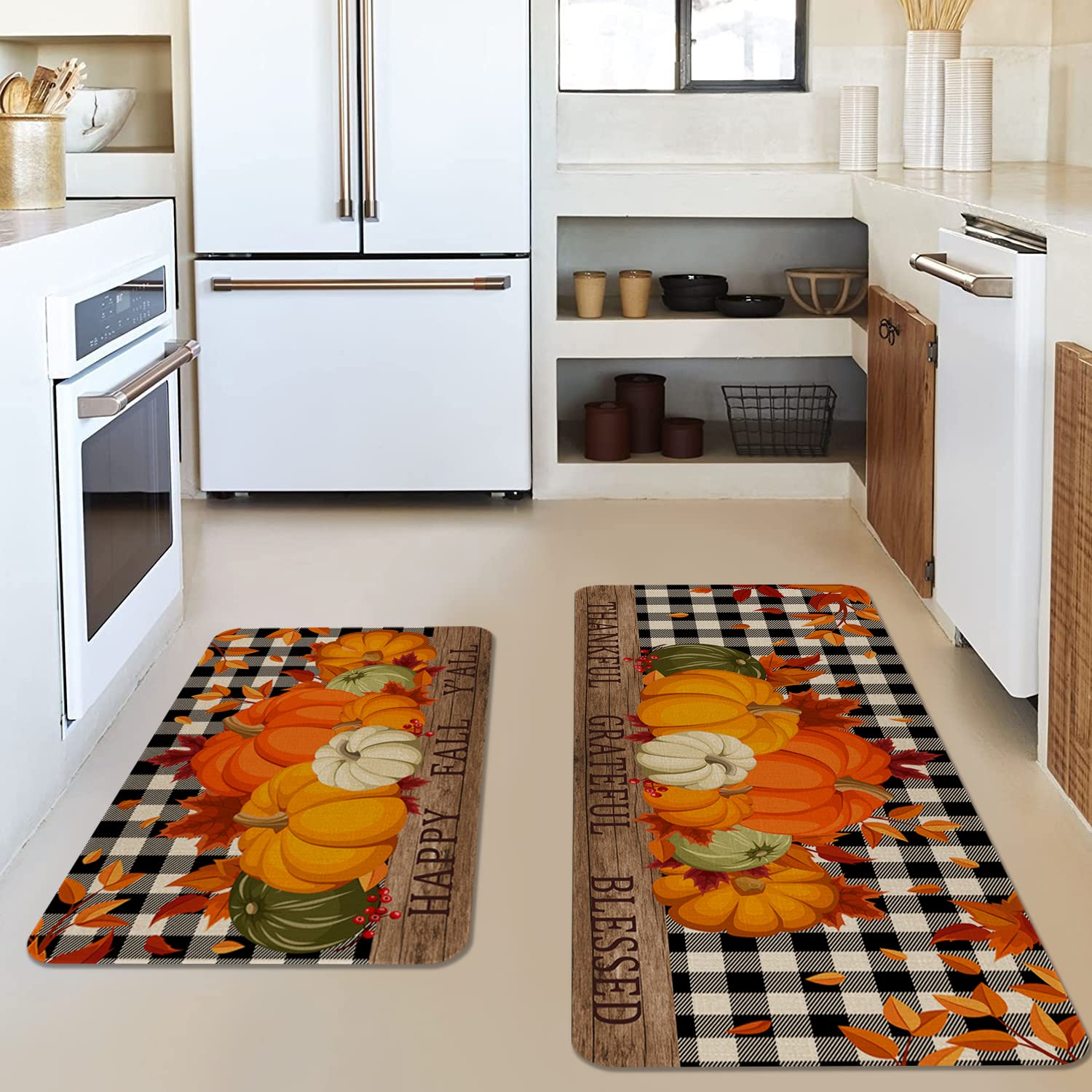 Eikunn Fall Kitchen Rugs and Mats Set of 2,Autumn Pumpkin Kitchen Mat for Floor, Buffalo Plaid Holiday Non-Slip Kitchen Sink Mats Home Decor Doormat+Runner Rug