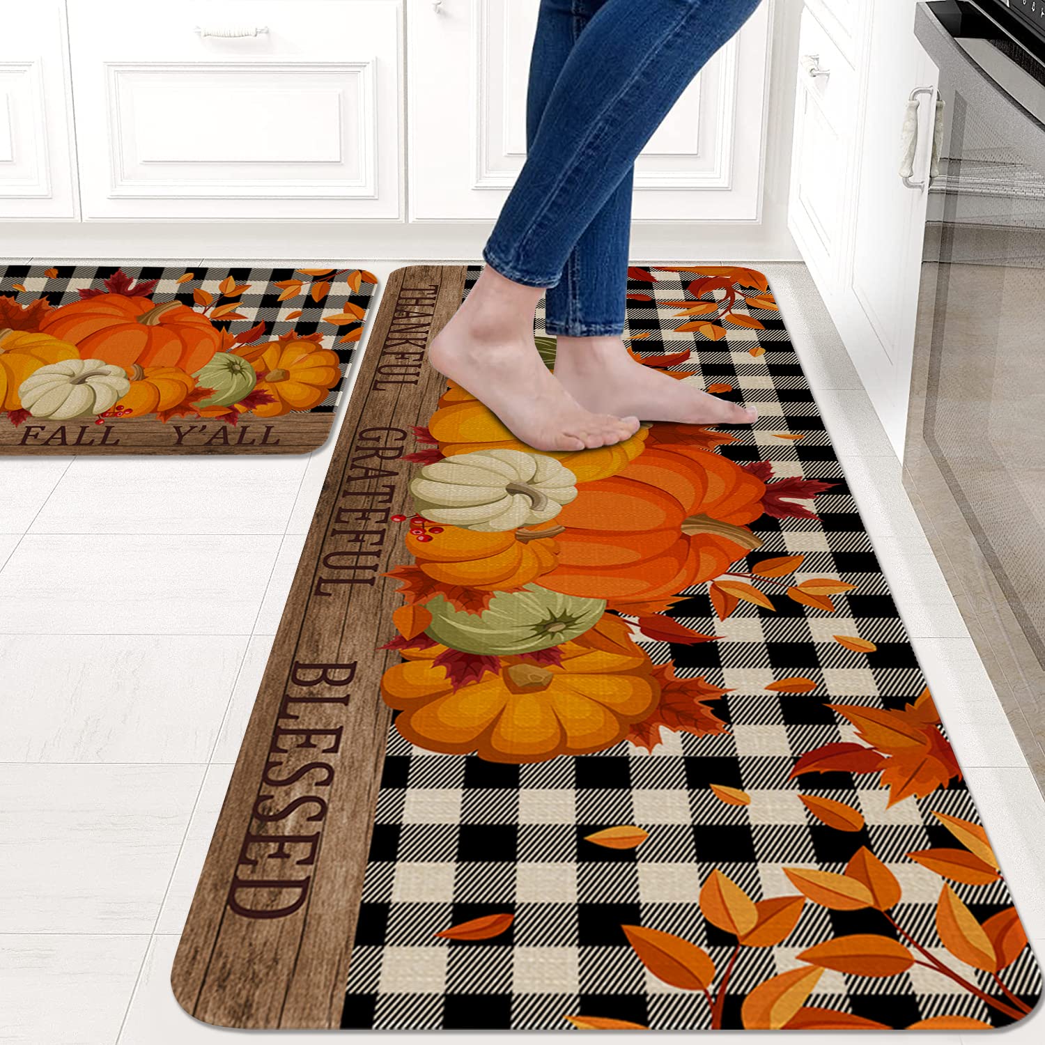 Eikunn Fall Kitchen Rugs and Mats Set of 2,Autumn Pumpkin Kitchen Mat for Floor, Buffalo Plaid Holiday Non-Slip Kitchen Sink Mats Home Decor Doormat+Runner Rug