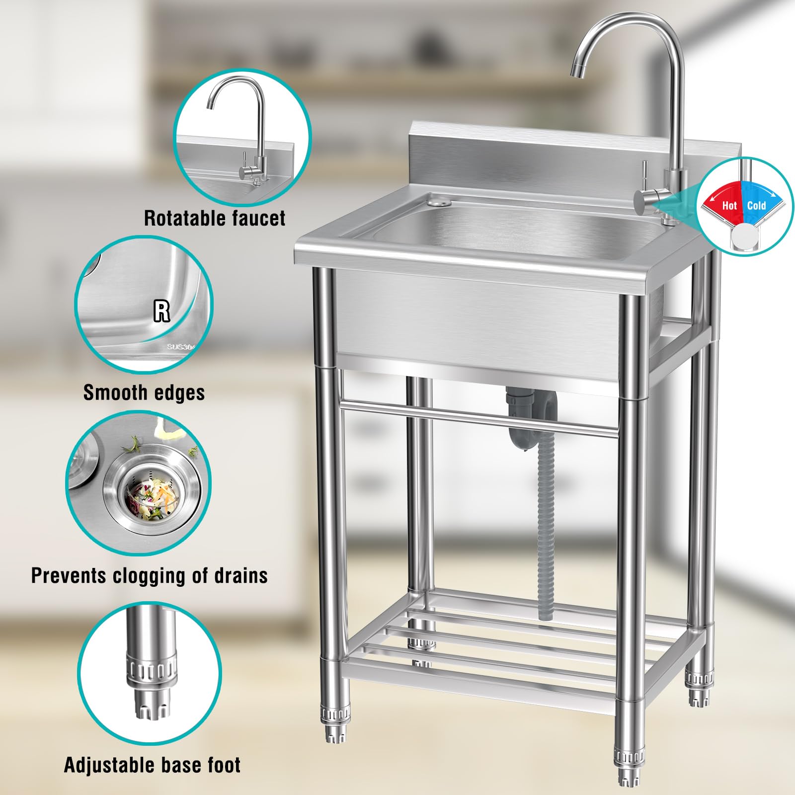 Lafati Stainless Steel Utility Sink - Single Bowl Free Standing Kitchen Sink NSF Certificated with Cold and Hot Water for Farmhouse, Bathroom, Bar, Laundry Room (23 Inch)