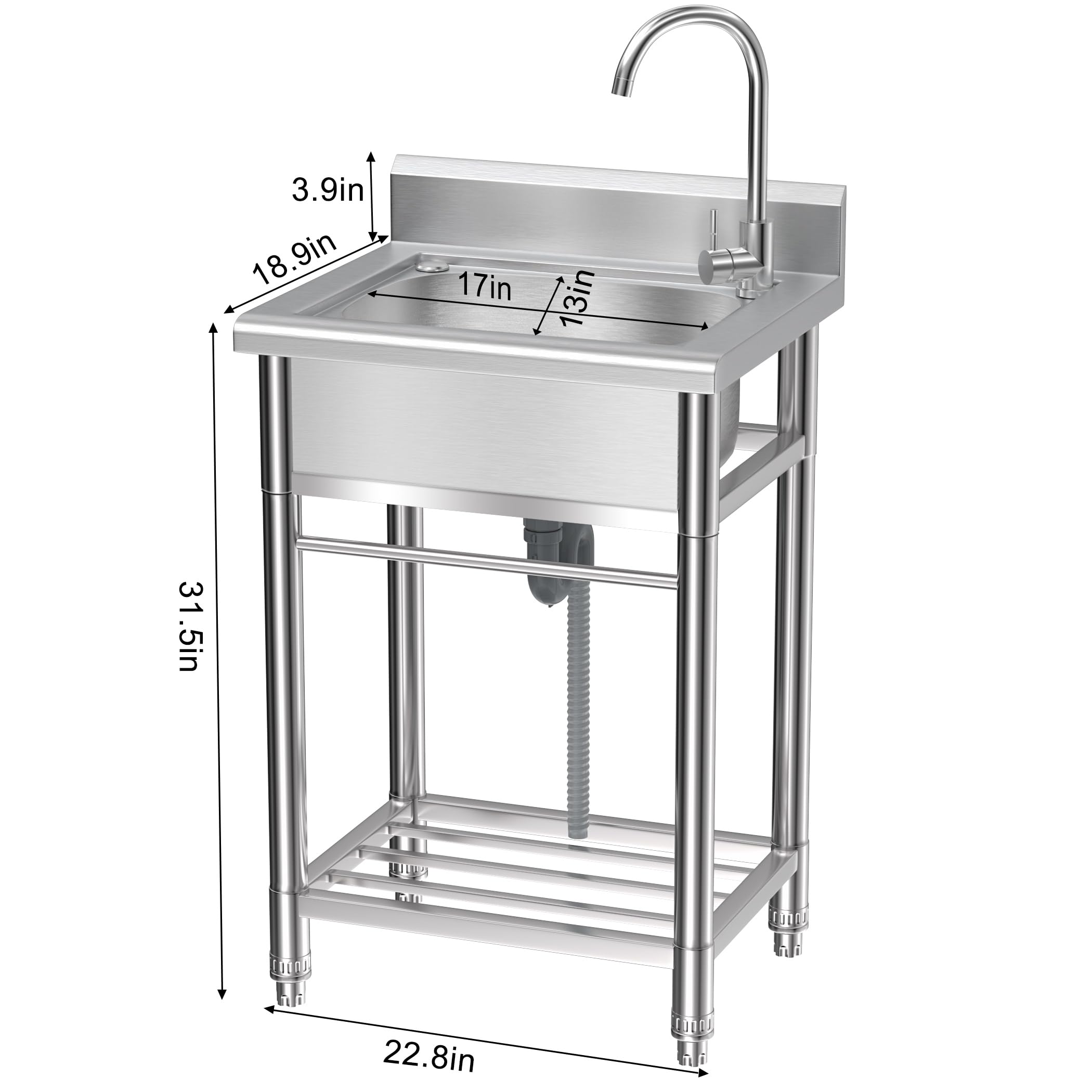 Lafati Stainless Steel Utility Sink - Single Bowl Free Standing Kitchen Sink NSF Certificated with Cold and Hot Water for Farmhouse, Bathroom, Bar, Laundry Room (23 Inch)