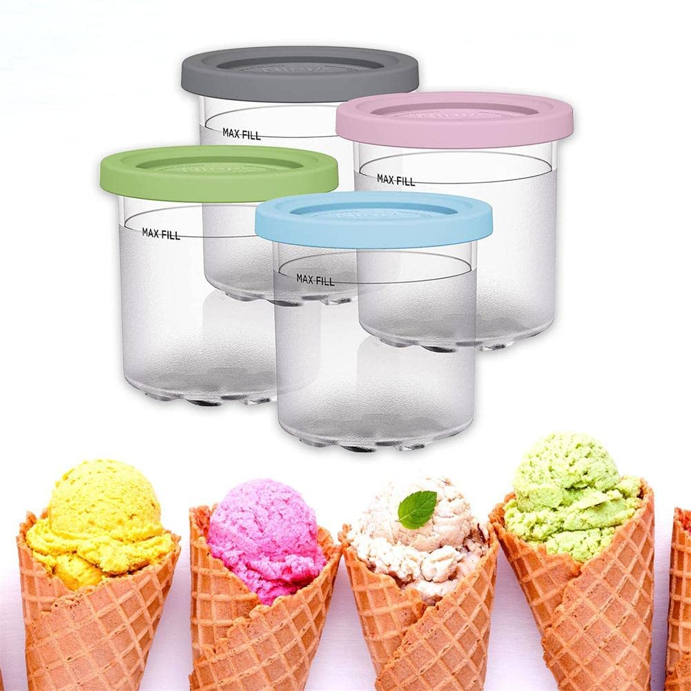 Containers Replacement for Ninja Creami Pints and Lids - 4 Pack, 16oz Cups Compatible with NC301 NC300 NC299AMZ Series Ice Cream Maker - Dishwasher Safe, Leak Proof Lids Pink/Mint/Grey/Blue