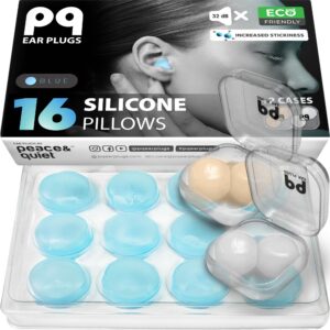 PQ Silicone Gel Wax Ear Plugs - 16 Earplugs Noise Canceling Waterproof Earplugs for Swimming and Sleeping, Noise Reduction Ear Protection, Sound Blocking Level 32Db (16 Pillows) Blue