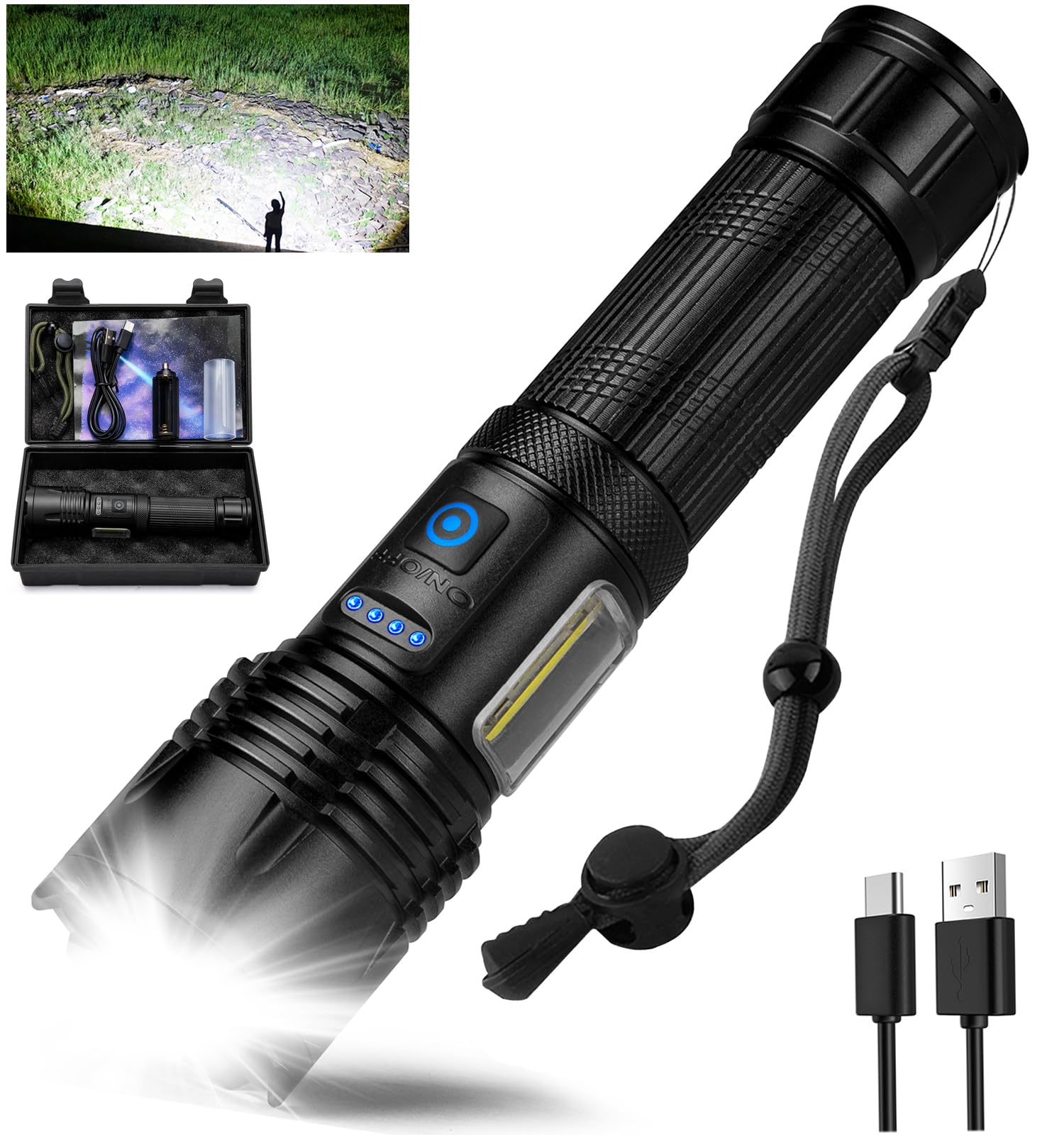 ALSTU Flashlight High Lumens Rechargeable LED: 990,000 Lumen Super Bright Flashlights, Powerful Tactical Flashlights, 7 Modes with COB Light, IPX6 Waterproof Flash Light for Camping, Emergencies