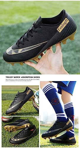 Low Leather Soccer Cleats - Professional-Grade with Lace-Up - Ideal for Training & Competition on Firm Ground & Turf - Unisex, Men, Women, Boys & Girls (Black Gold,8,6.5,Women,Medium,Men)