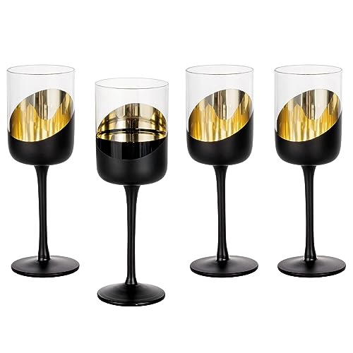 MyGift 14 oz Modern Tilted Matte Black and Gold Tone Plated Round Stemmed Wine Goblet Glasses, Cylindrical Angled Dipped Stemware with Metallic Interior, Set of 4