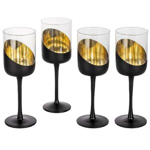 mygift 14 oz modern tilted matte black and gold tone plated round stemmed wine goblet glasses, cylindrical angled dipped stemware with metallic interior, set of 4