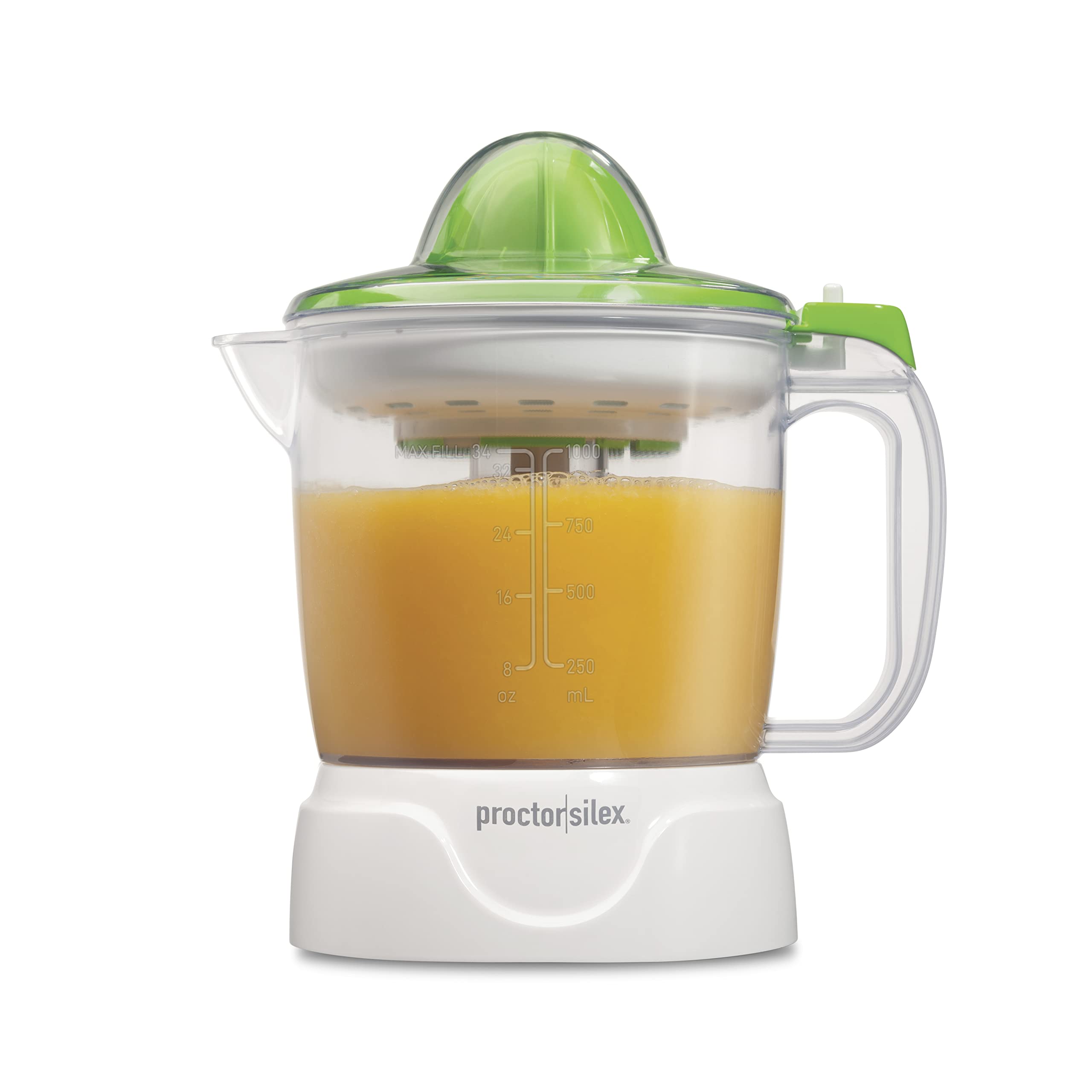 Proctor Silex Electric Citrus Juicer Machine, 34 oz., for Orange, Lemon, Grapefruit Juice, White & Green (66337)