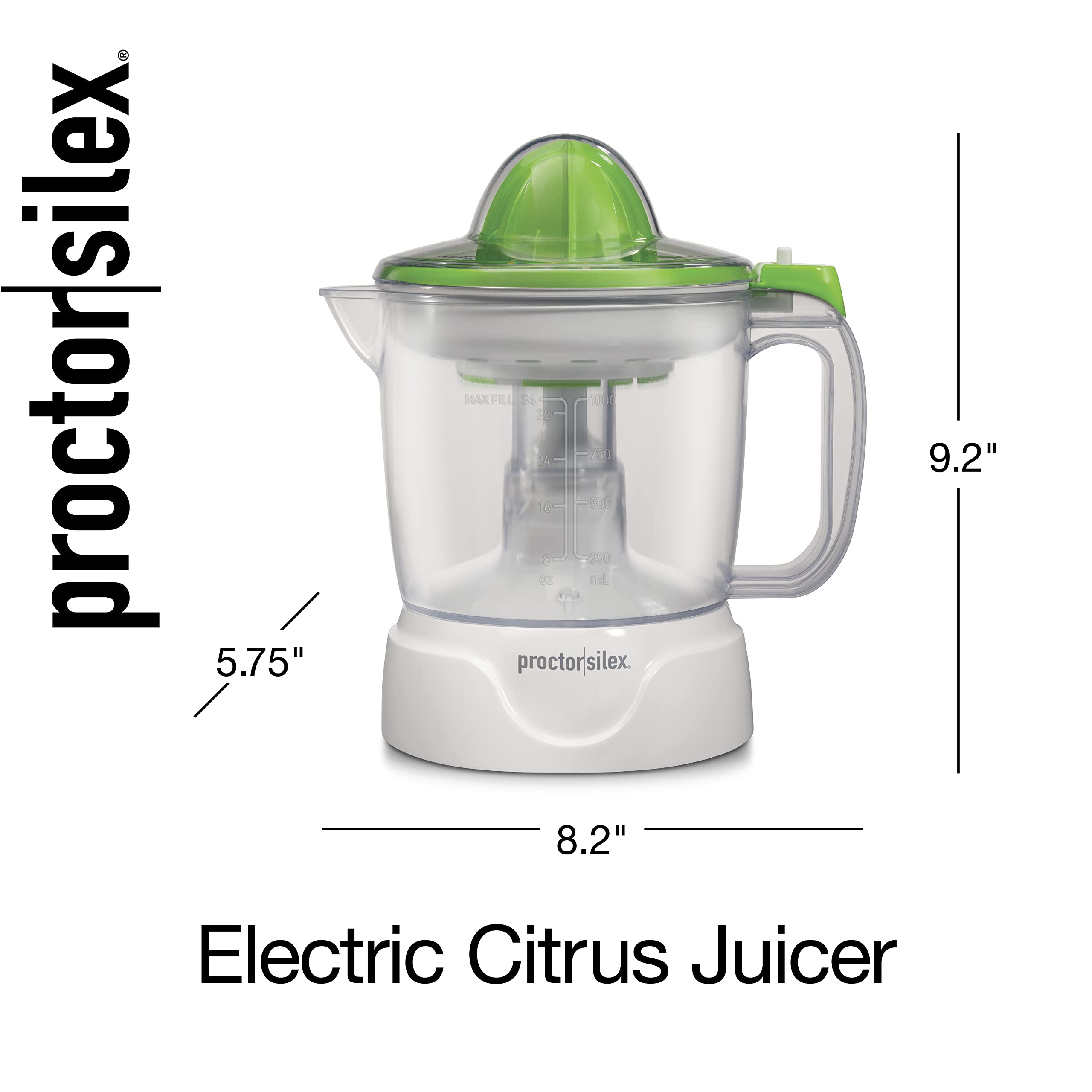 Proctor Silex Electric Citrus Juicer Machine, 34 oz., for Orange, Lemon, Grapefruit Juice, White & Green (66337)