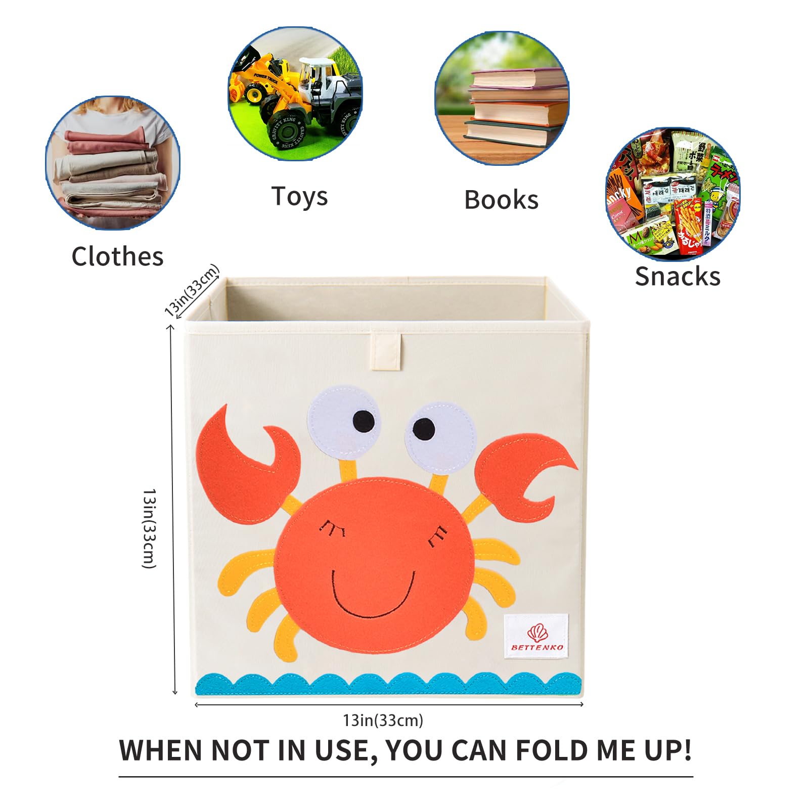 BETTENKO Foldable Animal Cube Storage Bins,Washable Toy Storage Organizer Boxes Bins Baskets for Kids,Boys,Girls,Nursery,Playroom,Storage Chest with Handle & Upgrade PP Partition,13 inch (Crab)