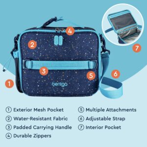 Bentgo® Kids Lunch Bag - Confetti Designed Insulated Lunch Bag for Kids 3+; Holds Lunch Box, Water Bottle & Snacks; Easy to Clean, Water Resistant, & Zip Pockets (Confetti Edition - Abyss Blue)