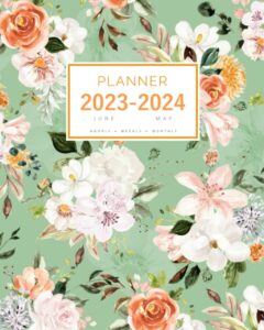 planner june 2023-2024 may: 8x10 large notebook organizer with hourly time slots | watercolor flower bouquet design green