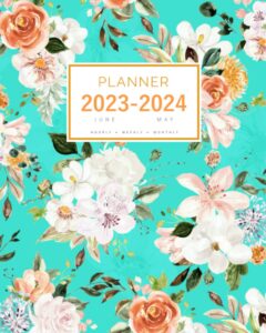 planner june 2023-2024 may: 8x10 large notebook organizer with hourly time slots | watercolor flower bouquet design turquoise