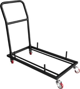 black folding chair cart rolling push dolly, commercial grade steel frame, storage capacity 50 chairs
