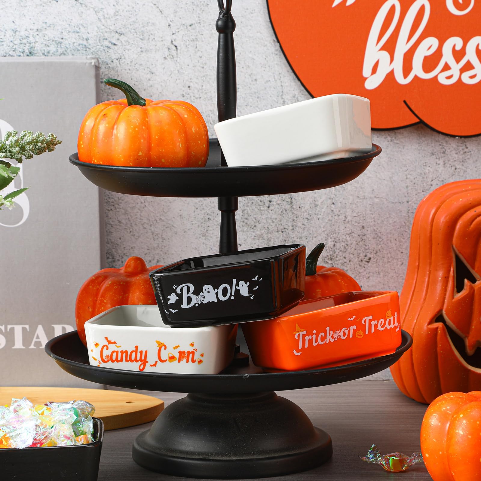 Tanlade 3 Pcs Halloween Candy Bowl Mini Ceramic Bowl for Tiered Tray Halloween Candy Dish Halloween Party Supplies Candy Holder for Farmhouse Home Housewarming Gift (Candy Corns)