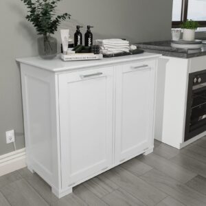 tilt out trash cabinet, wooden kitchen garbage can free standing holder, tilt out laundry hamper cabinet (double white)