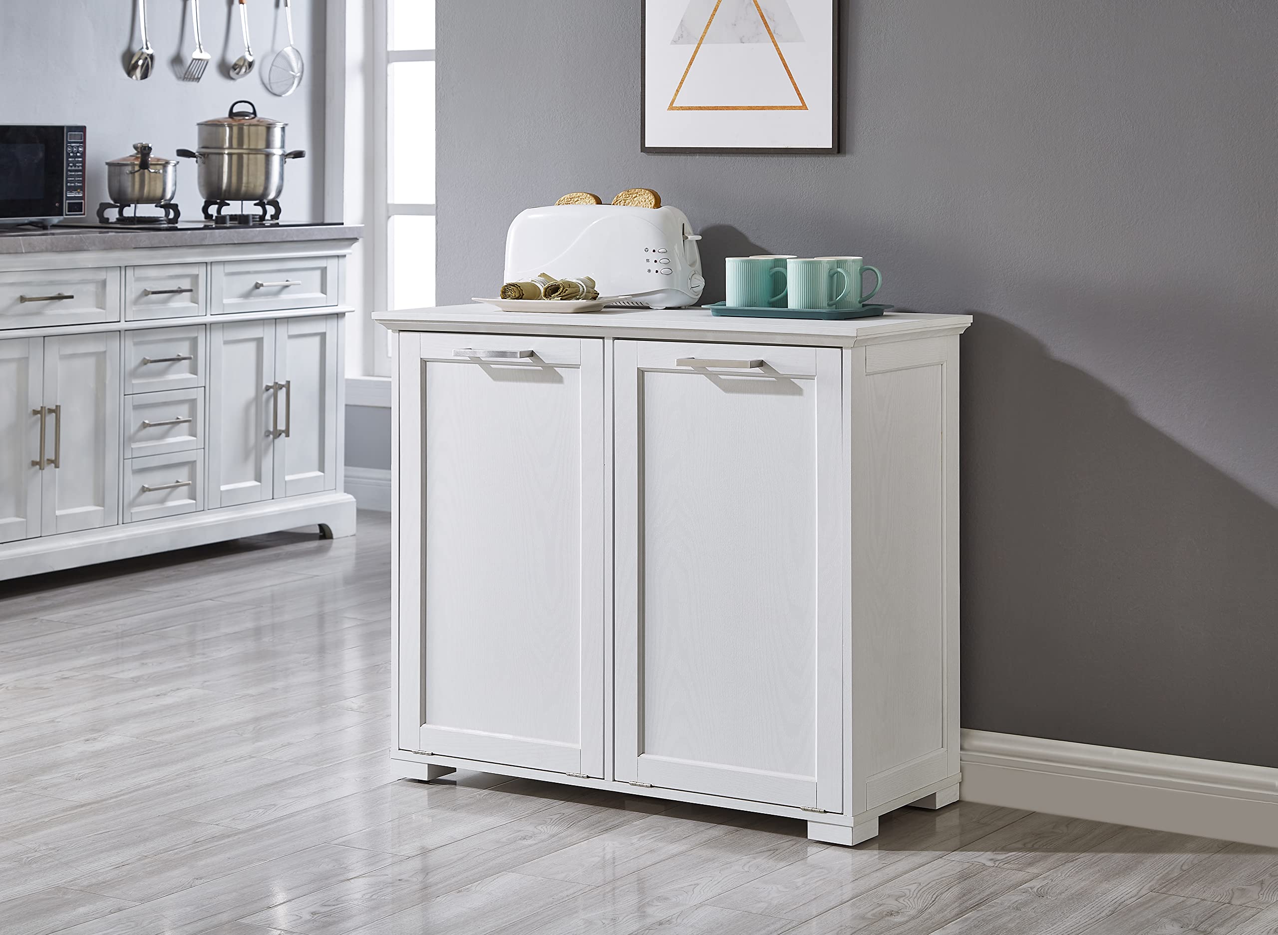 Tilt Out Trash Cabinet, Wooden Kitchen Garbage Can Free Standing Holder, Tilt Out Laundry Hamper Cabinet (Double White)