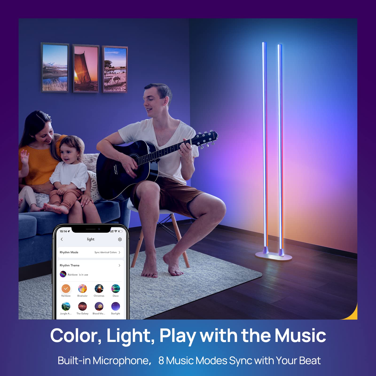 mujoy 60" RGBWW Corner Floor Lamp with Rotatable 2-Light Bar, Modern Floor Lamp Work with Alexa & Google Assistant, WiFi APP, Music Sync, 20 Scene, Ambiance Standing Lamp for Living Room, Gaming Room