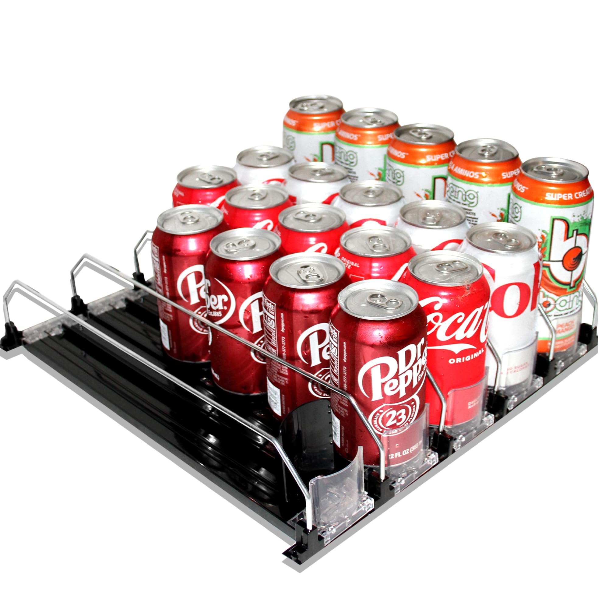 Universal Adjustable Can Dispenser: High Capacity Fridge Beverage Storage - Easy-Glide Soda and Beer Organizer for All Refreshments - Space-Saving, Versatile Design (15"D, 5 Rows)