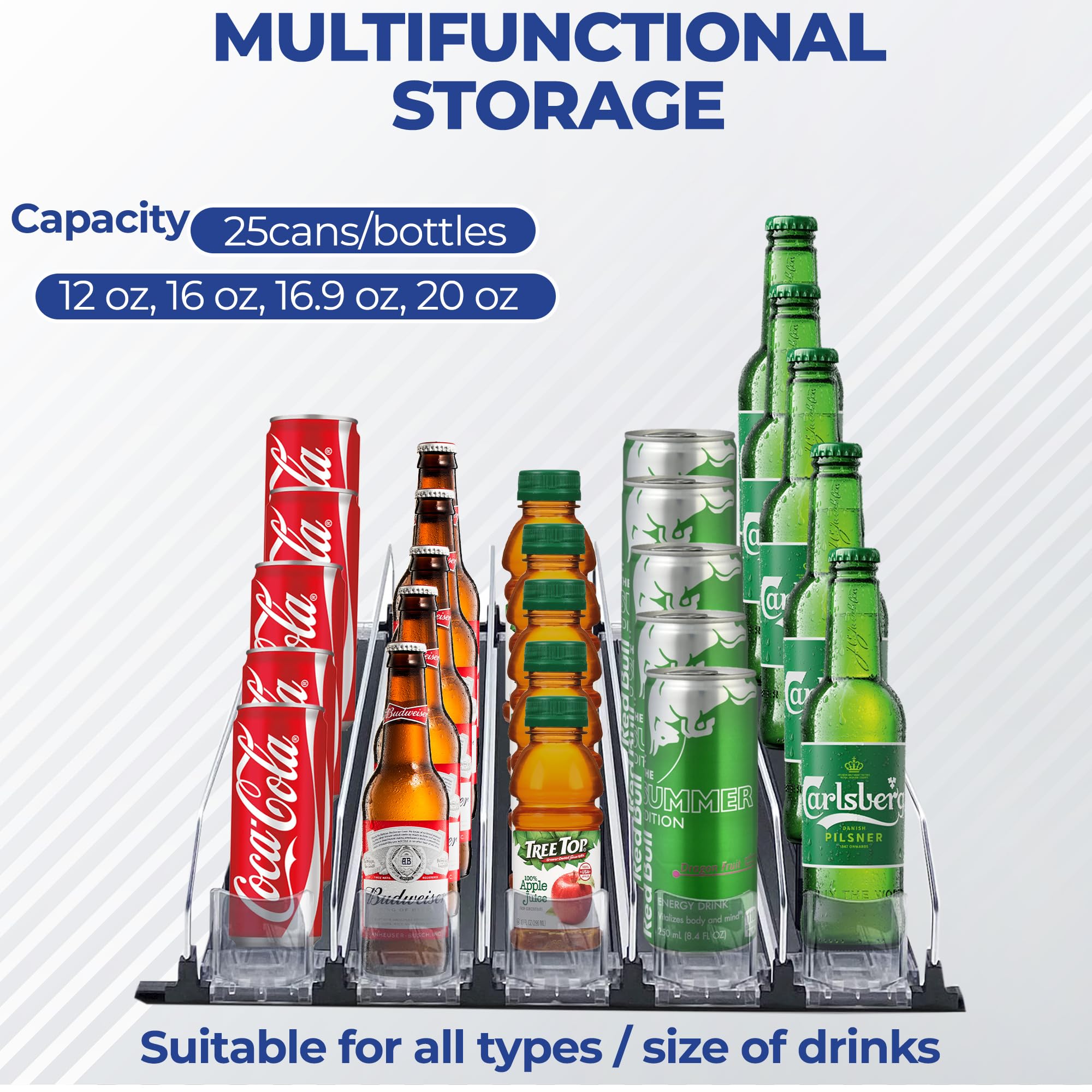 Universal Adjustable Can Dispenser: High Capacity Fridge Beverage Storage - Easy-Glide Soda and Beer Organizer for All Refreshments - Space-Saving, Versatile Design (15"D, 5 Rows)