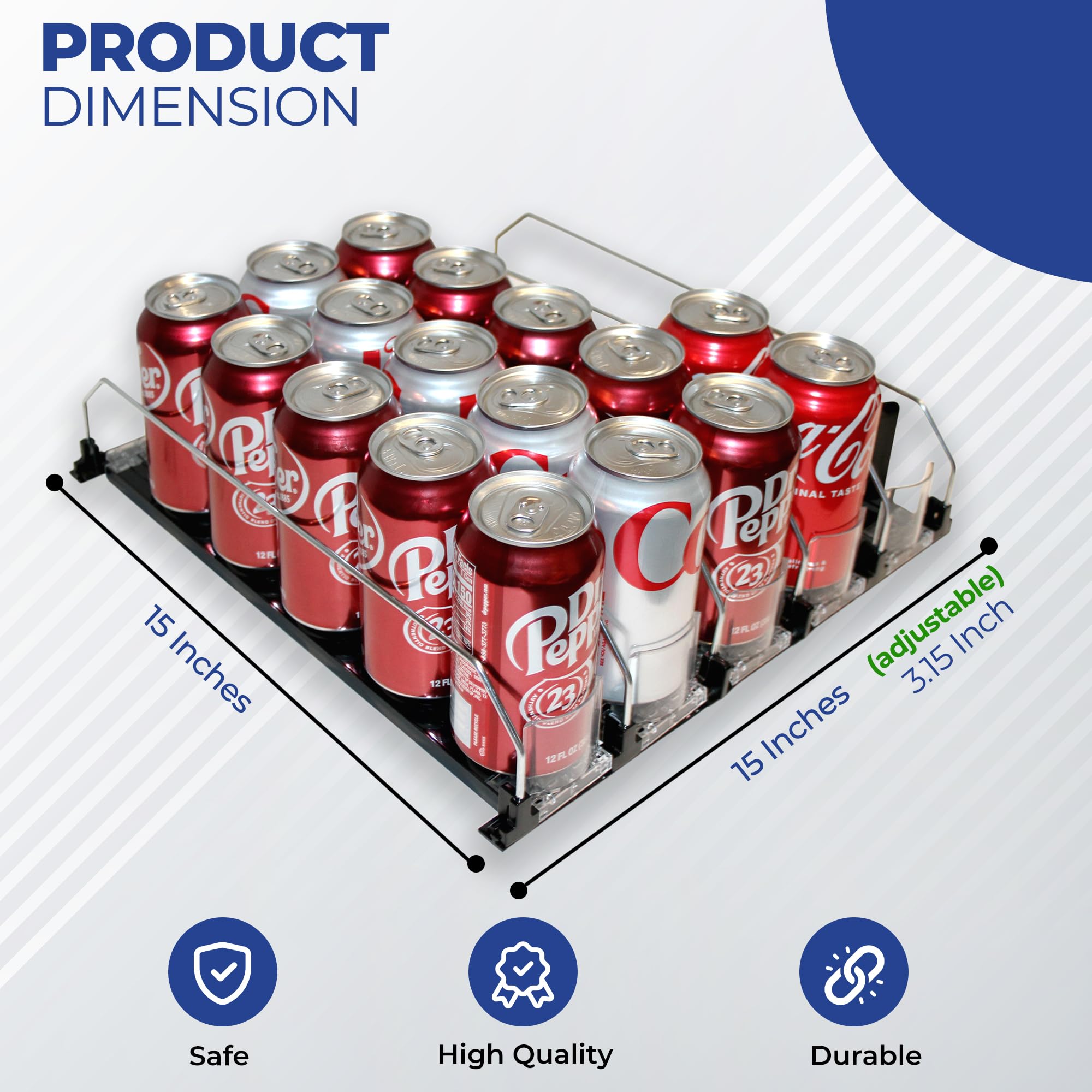 Universal Adjustable Can Dispenser: High Capacity Fridge Beverage Storage - Easy-Glide Soda and Beer Organizer for All Refreshments - Space-Saving, Versatile Design (15"D, 5 Rows)